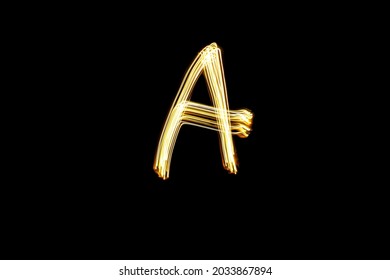 Letter A. Light painting alphabet. Long exposure photography. Drawn letter A with gold lights against black background.