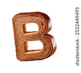 Letter B, one cut piece of rye bread floats in the air, 3d number text in the shape of bread render, isolated white background