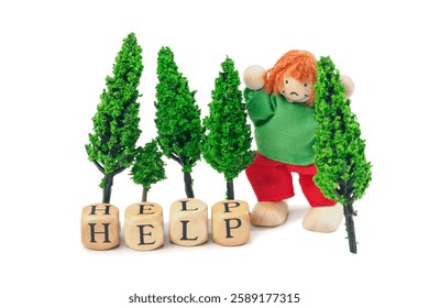 Letter cubes with the word HELP and a small toy figure with four model trees on a white background.