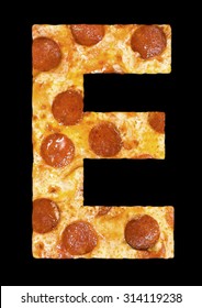 Letter E Cut Out Of Pizza With Peperoni And Cheese, Isolated