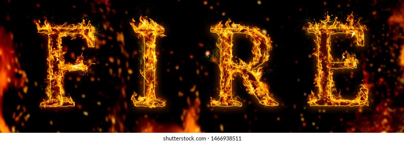 Letter FIRE. Fire flames on black isolated background, realistick fire effect with sparks. Part of alphabet set