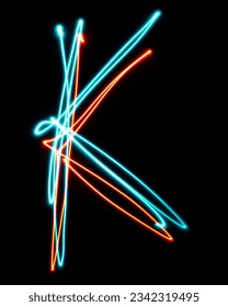Letter K of the alphabet made from neon sign. The blue red light image, long exposure with colored fairy lights, against a black background. Concept of design