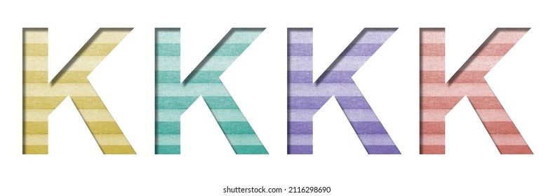 Letter K is cut out of white paper on a background of colored blinds, alphabet, decorative office font.