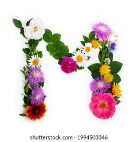 Letter M, concept alphabet design. Floral summer font. Seasonal decorative beautiful type mades of different multi-colored blooming flowers and grass. Natural summertime print