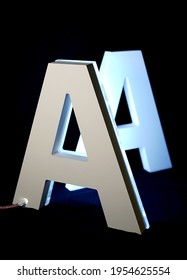 Letter A made from PVC and iluminated with blue neon light isolated on black background                  