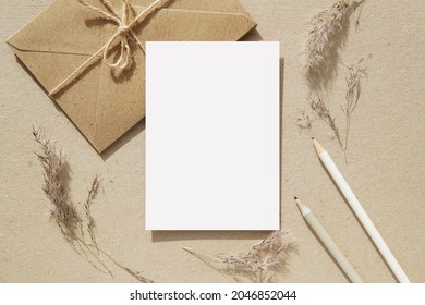 Letter, Notecard, Greeting Card, Postcard Mockup For Design Presentation, Envelopes, Pencils, Pampas Grass, Neutral Colors Flat Lay Composition With Blank Paper Sheet.