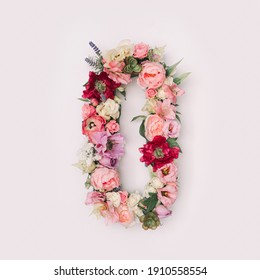 Letter O Or Number 0 Made Of Real Natural Flowers And Leaves. Flower Font Concept. Unique Collection Of Letters And Numbers. Spring, Summer And Valentines Creative Idea.