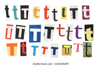 letter t magazine cut out font, ransom letter, isolated collage elements for text alphabet. hand made and cut, high quality scan. halftone pattern and texture detail. newspaper and scraps - Shutterstock ID 2143149699