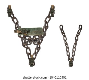 letter V from rusty old chains and rotten wooden leash, isolate on white background 
