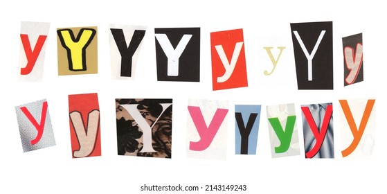 letter y magazine cut out font, ransom letter, isolated collage elements for text alphabet. hand made and cut, high quality scan. halftone pattern and texture detail. newspaper and scraps