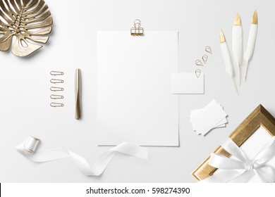 Letterhead, Business Card Scene Mockup, Top View, With Decor Elements, Feathers And Blank Copy, Logo Space On White Background.