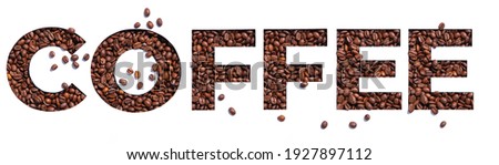 Lettering of English word coffee made of roasted organic beans and cut paper isolated on white. Typeface for coffeehouse