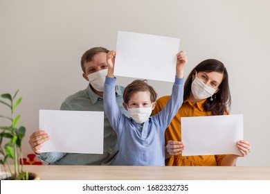 Lettering Stay Home Safe Campaign. A Happy European Family Remained At Quarantine Self-isolation. Pandemic Coronavirus Covid 19 Space Place For Text Plate Message Poster Preventive Measures Copyspace