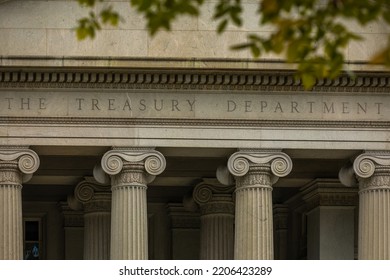 Lettering "The Treasury Department" on the Facade of the United States Treasury Department Building in Washington, DC - USA