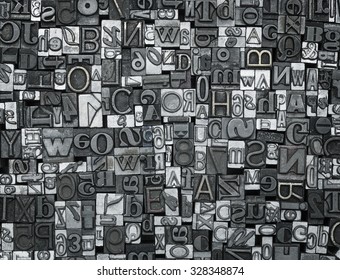 Letterpress background, close up of many old, random metal letters with copy space - Shutterstock ID 328348874