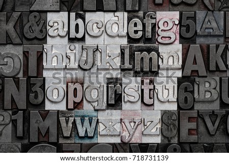 Letters from the alphabet in old lowercase metal letterpress