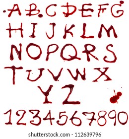 Letters A-Z And 1-10 Dripping With Blood On White Background