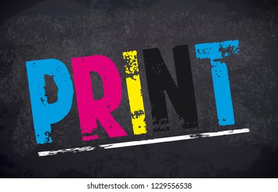 Letters With CMYK, DESIGN, PRINT And Flyer Logo And German Advertising Words On A Chalkboard