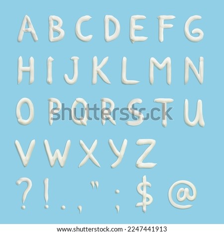letters of English alphabet and punctuation marks and various symbols in the form of squeezed cream in white on a blue background.