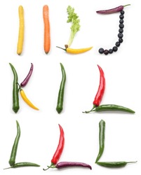 Letters J K I L From Orange Red Purple Yellow Chili Pepper, Salad Lettuce Leaf, Celery Plant Stick, Blueberries Alphabetic Capital Letters Made Of Chillies, Vegetables, Berry, Green Leaf For Menu Text