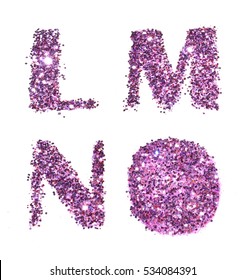 Letters L, M, N, O Of Purple Glitter Sparkle On White Background