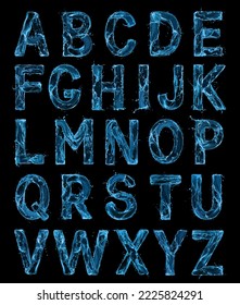 Letters of the Latin alphabet are made of water splashes on a black background