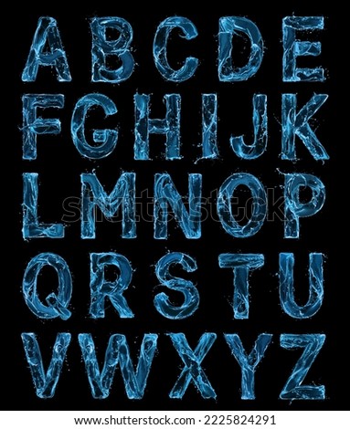 Letters of the Latin alphabet are made of water splashes on a black background