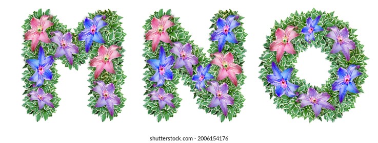 The letters M, N, O are made of Clematis flowers