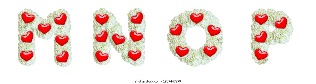 The letters M, N, O, P are made of flowers and love hearts