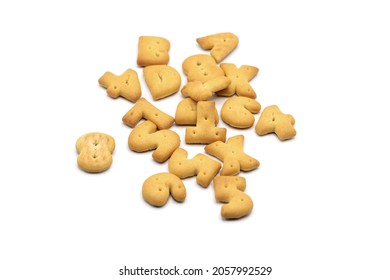 Letters, numberic of cracker biscuits spread on white background