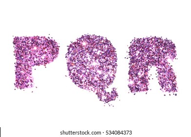 Letters P, Q, R Of Purple Glitter Sparkle On White Background.