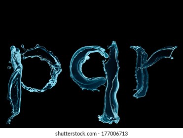 Letters pqr of water alphabet isolated on black background