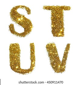 Letters S, T, U, V Of Golden Glitter Sparkle On White Background