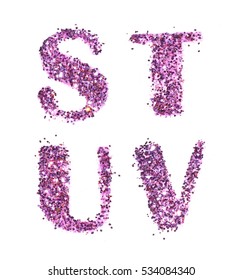 Letters S, T, U, V Of Purple Glitter Sparkle On White Background