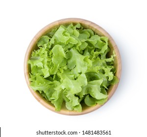 Lettuce Leaf In Wood Bowl Isolated On White Background. Top View