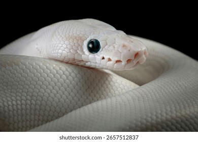 Leucistoc ball python isolated on black background, White ball python on black background, Blue-eyed leucistic python with dark background, Close-up of white ball python on blackk surface