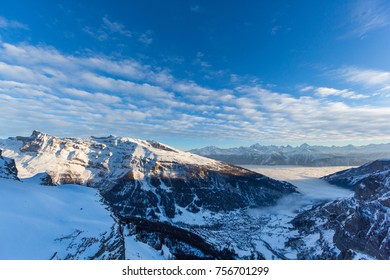 Leukerbad Switzerland View From Gemmipass, Evening Sun, Sea Of Fog, Winter, Snow