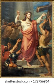 LEUVEN, BELGIUM - SEPTEMBER 3, 2013: Jesus carries His cross. Paint form St. Michaels church (Michelskerk) from 19. cent.