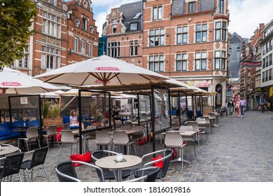 LEUVEN, Belgium - September 9, 2020 : Cafe Outside Dining Area During Covid19 Crisis. Old Market Square, Leuven.