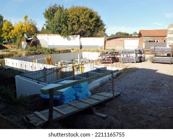 Leuven, Flemish-Brabant, Belgium - October 07, 2022: Follow Up Apartment Project, Building The Cellars In Concrete Blocks Level -1 Garages