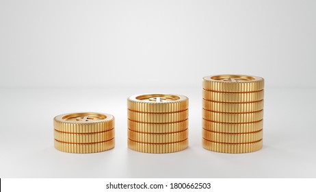 Level Of Coin Stacks In White Background. 3D Render Images. Money Saving Concept.