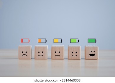 Level of low battery with sadness face to full battery with happy smile face. Energy life, Emotion Level, World mental health day, Passion, Happy Life, Satisfaction, Full energy and Positive thinking.