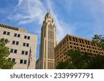 LeVeque Tower Columbus Ohio with American and Ohio flags on summer day