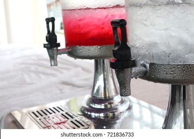 The Lever Valve Of Juice Dispenser With Droplet For Fresh Fruit Juice Or Water.