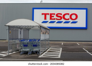 Levice, Slovakia  - August, 30 , 2021 : Tesco supermarket sign. A British multinational groceries retailer.