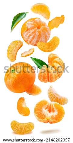 Levitating ripe mandarin fruits, leaves and mandarin slices on white background. File contains clipping paths.