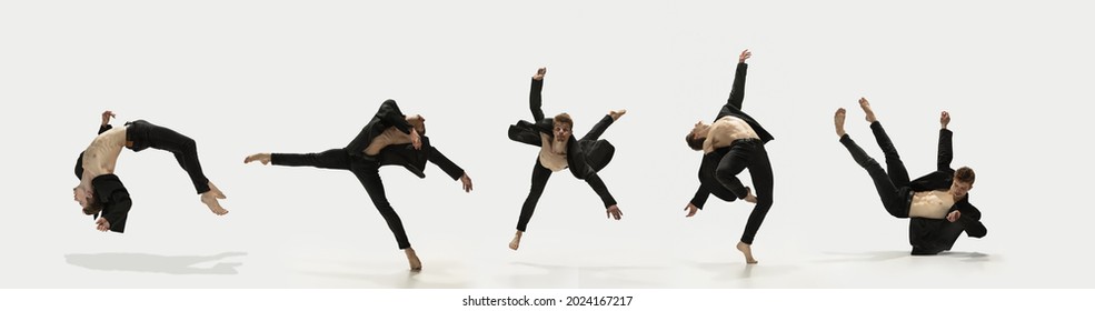 Levitation. Levitation. Amazing performance of one flexible male ballet dancer practicing isolated on white background. Concept of art, beauty, aspiration, creativity. Copy space for ad. Collage