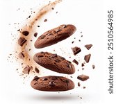 Levitation effect with flying chocolate cookies and crumbs, isolated on white, ideal for engaging visual content