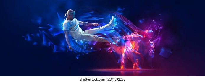 Levitation. Flyer With Young Stylish Man, Breakdanc Dancer In Motion Over Dark Background With Neon Colorful Elements. Youth Culture, Movement, Street Style And Fashion, Action.