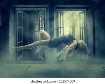 Levitation portrait young woman in her house. Lady floating girl flying in apartment room. Astral travel meditation mystical rapture state psychokinesis condition. Magic energy show human Illusion